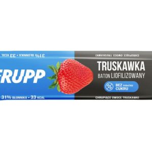 Baton Frupp Truskawka, liofilizowany, bez cukru, 31% błonnika, 33 kcal, w niebieskim opakowaniu z truskawką.
