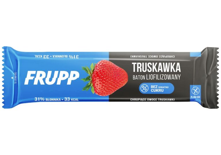 Baton Frupp Truskawka, liofilizowany, bez cukru, 31% błonnika, 33 kcal, w niebieskim opakowaniu z truskawką.