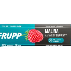 Opakowanie batonika liofilizowanego Frupp o smaku malinowym z napisem bez dodatku cukru, 36% błonnika.
