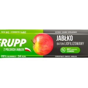 Liofilizowany baton jabłkowy bez dodatku cukru, 28% błonnika, 34 kcal, polskie jabłka, opakowanie zielono-czarne.