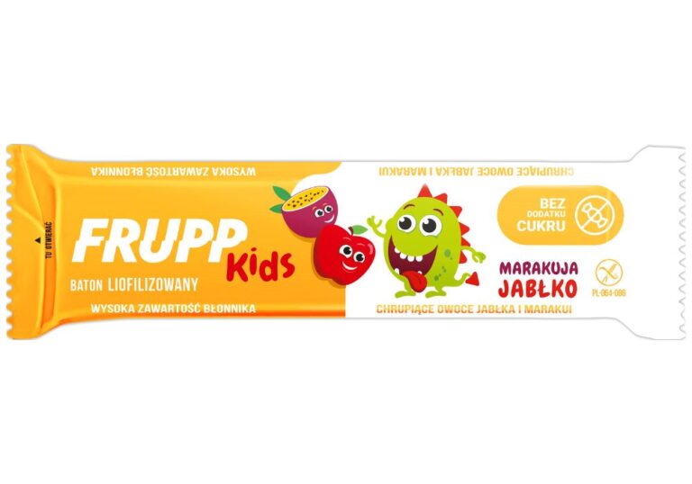 Opakowanie batonika FRUPP Kids, smak marakuja i jabłko, bez dodatku cukru, wysoka zawartość błonnika.