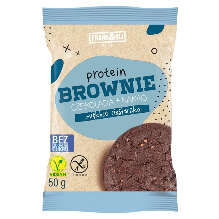 Opakowanie białkowego ciastka brownie czekoladowo-kakaowego, bez cukru, wegańskie, 50 g, Frank & Oll.