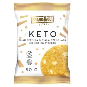 Opakowanie ciasteczka keto o smaku sernika z białą czekoladą, 50g, bez dodatku cukru.