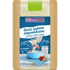 Opakowanie kaszy jaglanej ekspandowanej NaturaVena 120 g, idealna do mleka, jogurtu lub jako przekąska.
