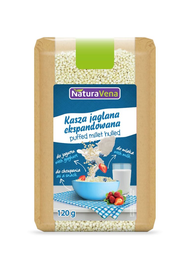 Opakowanie kaszy jaglanej ekspandowanej NaturaVena 120 g, idealna do mleka, jogurtu lub jako przekąska.