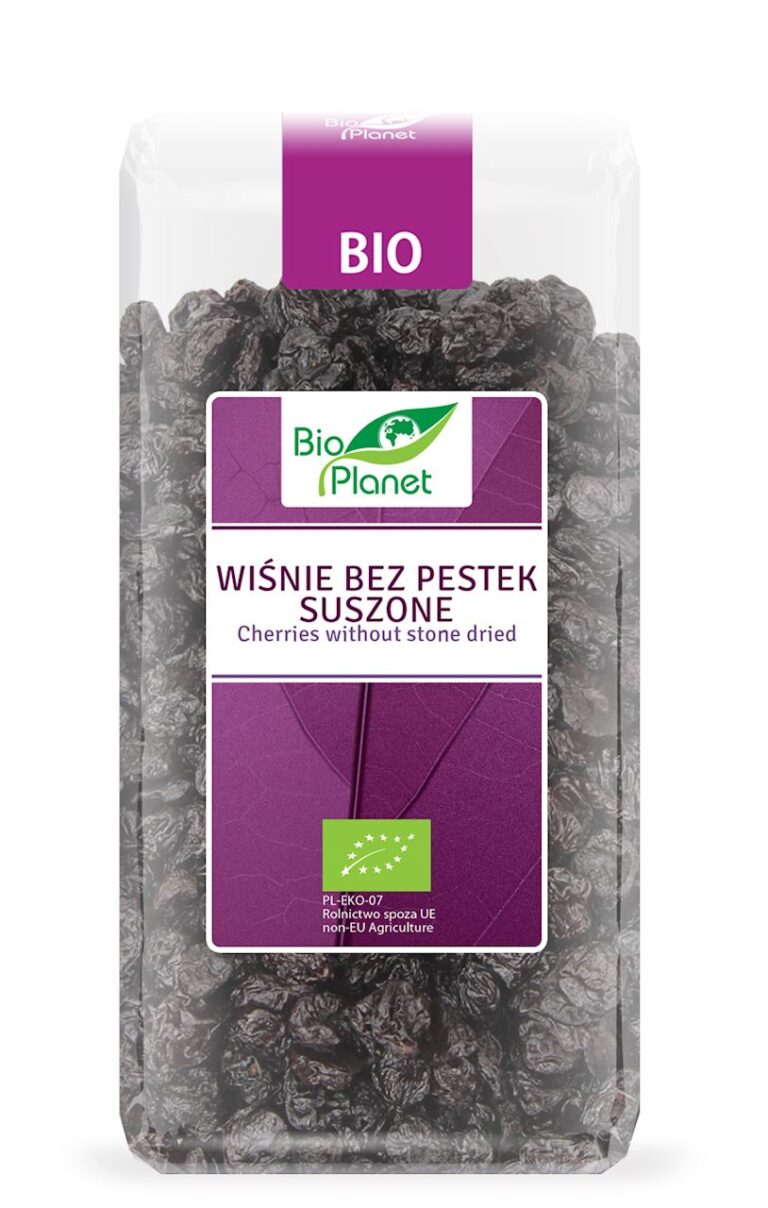 Opakowanie suszonych wiśni bez pestek marki Bio Planet, produkt ekologiczny.