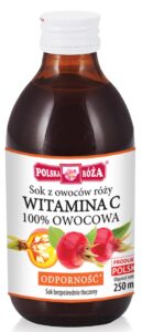 Butelka soku z owoców róży z witaminą C, marki Polska Róża, 250 ml, etykieta z polskiego produktu.