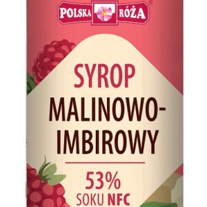 Butelka syropu malinowo-imbirowego Polska Róża, 53% soku NFC, do herbaty i wody.
