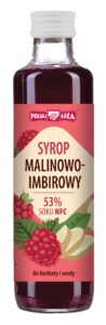 Butelka syropu malinowo-imbirowego Polska Róża, 53% soku NFC, do herbaty i wody.