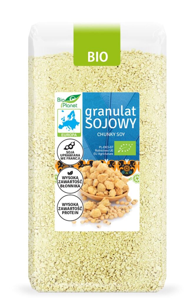 Opakowanie granulatu sojowego marki Bio Planet, wysokobłonnikowy i proteinowy, ekologiczny produkt z Europy.