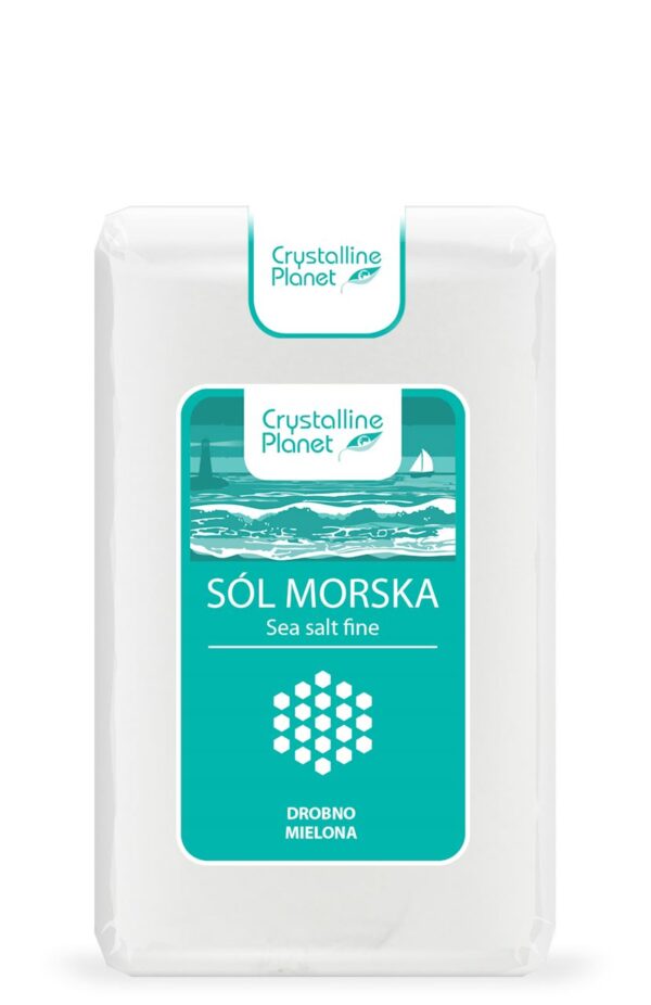 Opakowanie drobno mielonej soli morskiej Crystalline Planet, biała torebka z turkusową etykietą.