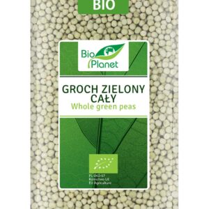Opakowanie ekologicznego grochu zielonego Bio Planet z certyfikatem UE.