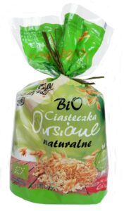 Opakowanie ekologicznych ciasteczek owsianych z naturalnymi składnikami, marki BIO. Zielony kolor.