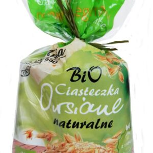 Opakowanie ekologicznych ciasteczek owsianych z naturalnymi składnikami, marki BIO. Zielony kolor.