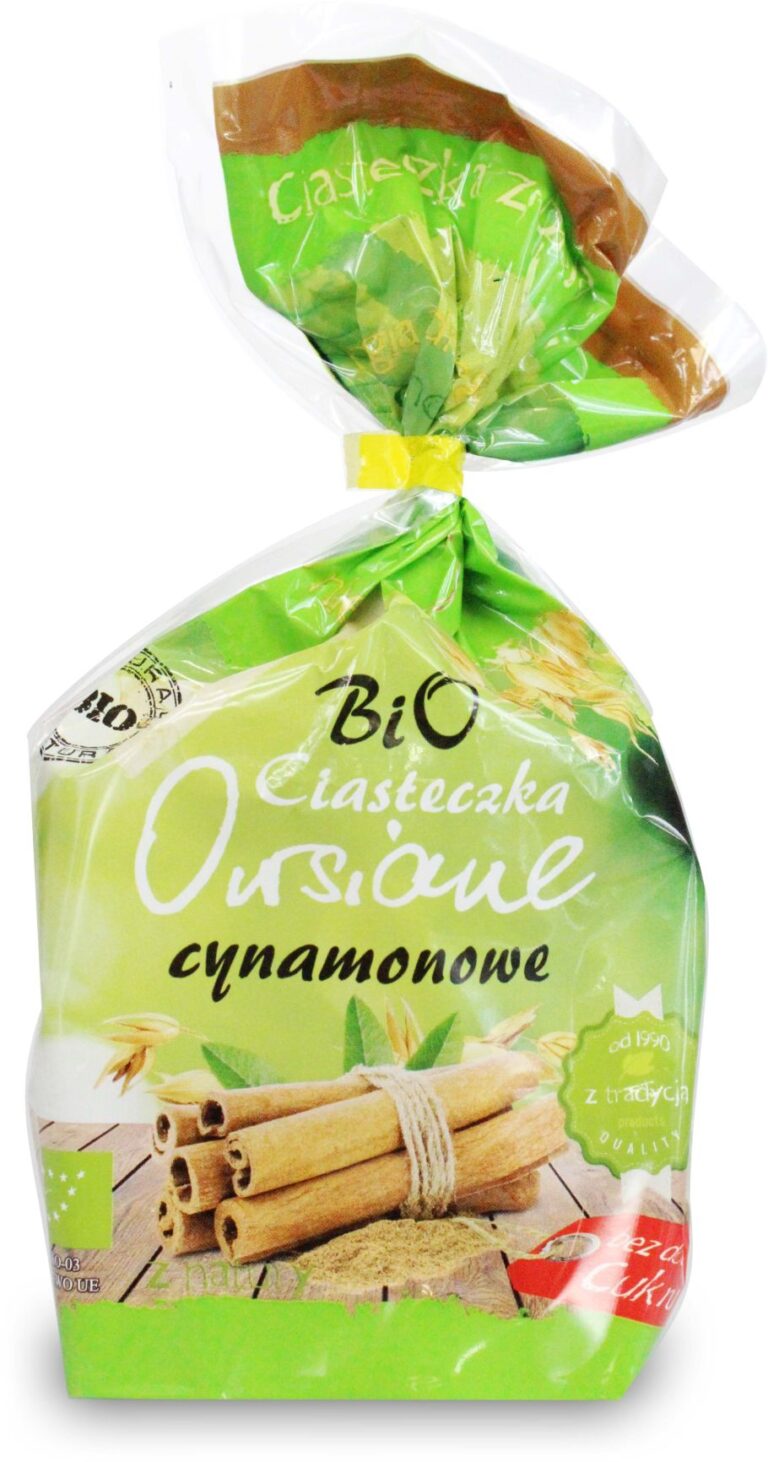 Opakowanie biologicznych ciasteczek owsianych cynamonowych. Produkt bez dodatku cukru.
