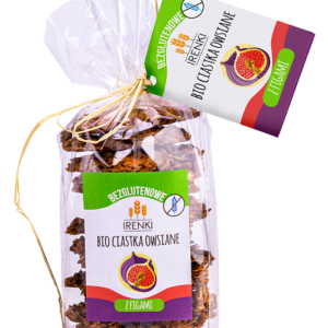Opakowanie bezglutenowych ciastek owsianych z figami Irenki w przezroczystej torbie z etykietą.