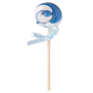 Niebiesko-biały lizak z kokardką na patyczku, cukierek w kształcie spirali.