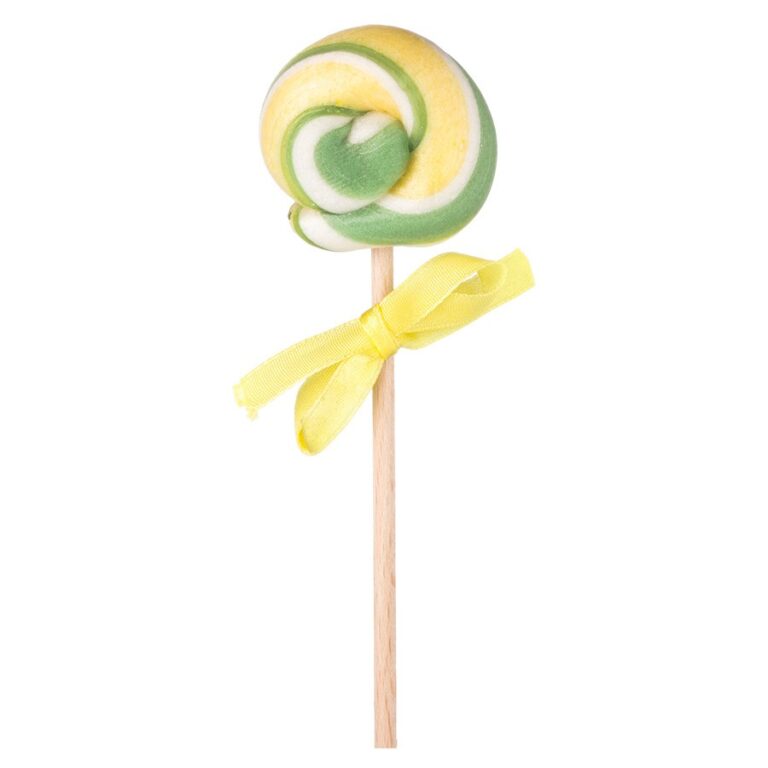 Lollipops na patyku z żółtą kokardką, w spiralnych kolorach zielonym, żółtym i białym.