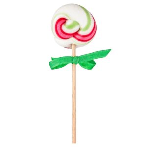 Kolorowy lizak z białym, czerwonym i zielonym wzorem, ozdobiony zieloną wstążką.