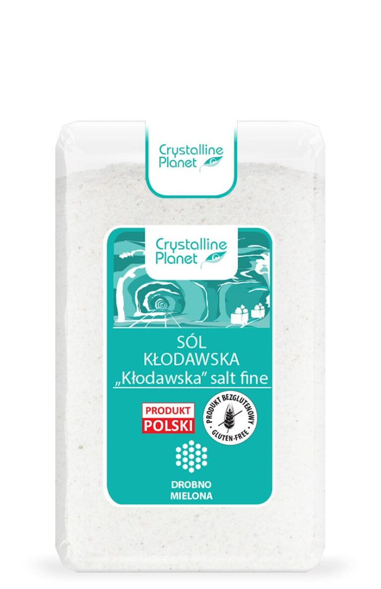 Opakowanie soli kłodawskiej drobno mielonej Crystalline Planet, bezglutenowej, produkt polski.