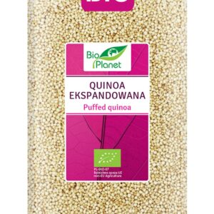 Ekspandowana quinoa Bio Planet w opakowaniu z certyfikatem ekologicznym, opisana jako BIO i Puffek Quinoa.