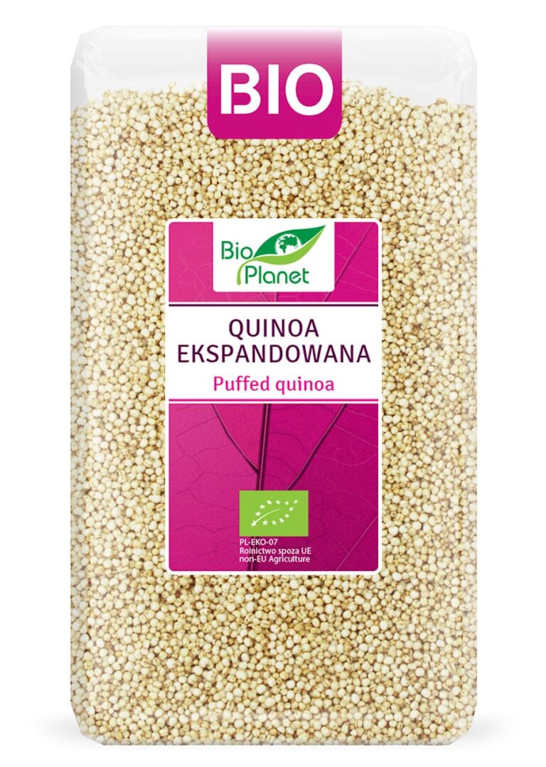 Ekspandowana quinoa Bio Planet w opakowaniu z certyfikatem ekologicznym, opisana jako BIO i Puffek Quinoa.