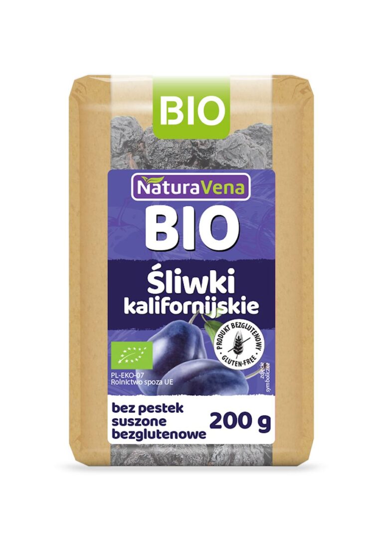 Opakowanie suszonych śliwek kalifornijskich NaturaVena BIO, 200g, bezglutenowe, ekologiczne.
