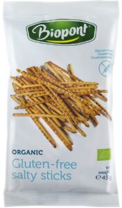 Opakowanie organicznych, bezglutenowych słonych paluszków Biopont, 45g, na białym tle.