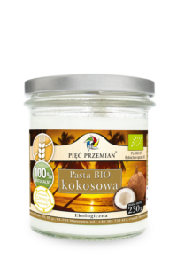 Słoik pasty BIO kokosowej marki Pięć Przemian, ekologiczny, 250g, 100% naturalny.