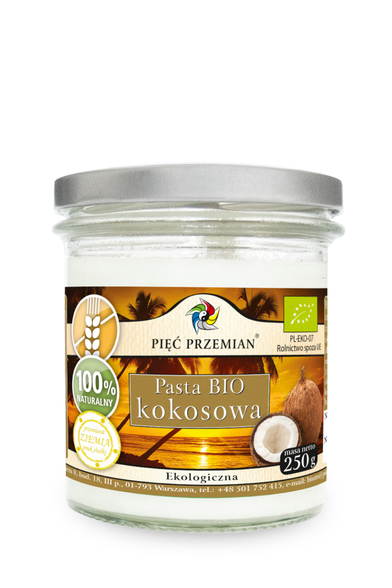 Słoik pasty BIO kokosowej marki Pięć Przemian, ekologiczny, 250g, 100% naturalny.