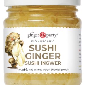 Słoik ekologicznego imbiru do sushi marki Ginger Party, zawartość 190g.