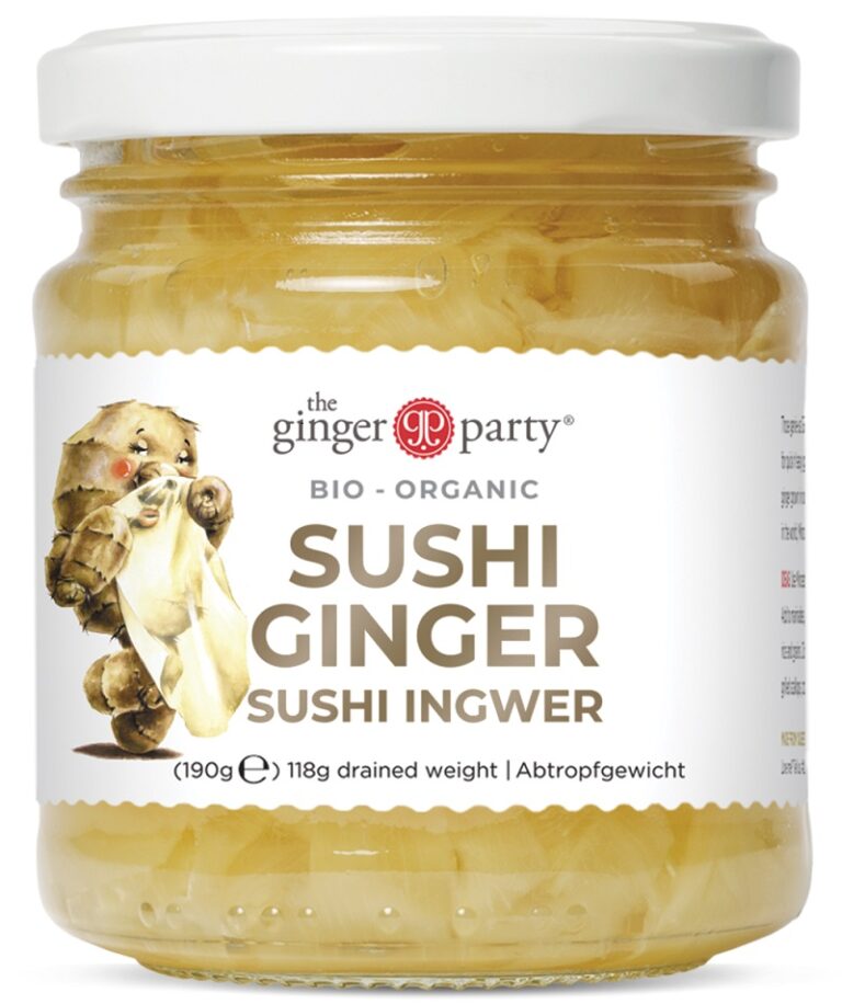 Słoik ekologicznego imbiru do sushi marki Ginger Party, zawartość 190g.