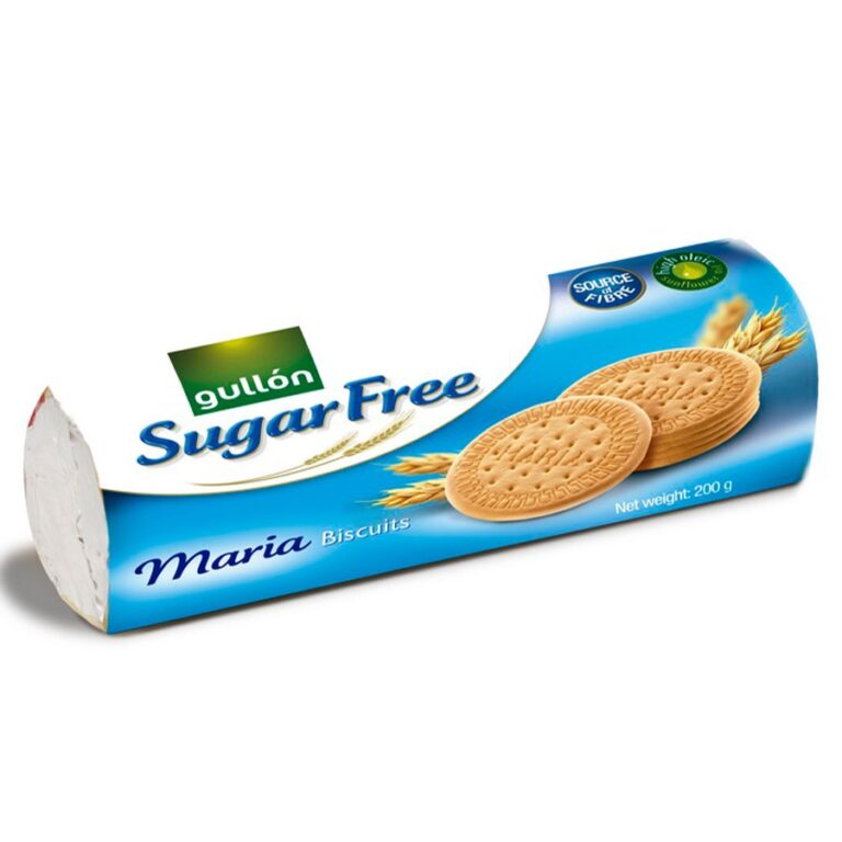 Opakowanie herbatników bez cukru Gullón, Maria, 200g, z napisem Source of Fibre i obrazkiem ciastek na tle kłosów.