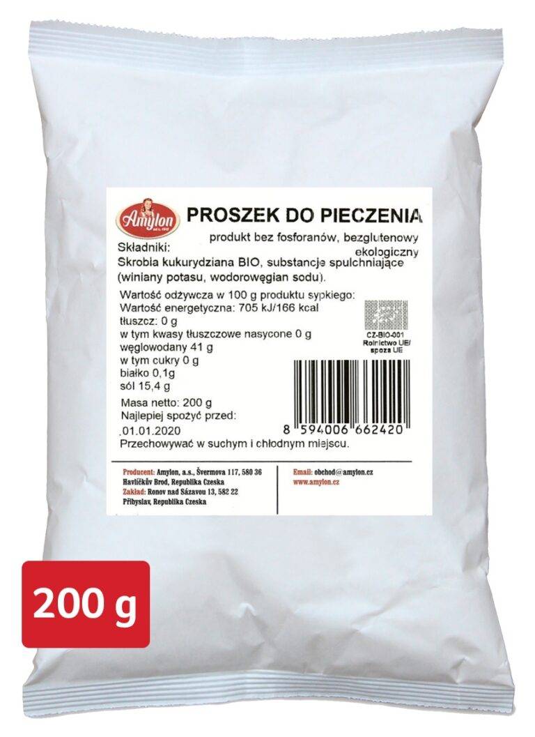 Opakowanie proszku do pieczenia marki Amylon, 200 g, bezglutenowy, ekologiczny, bez fosforanów.