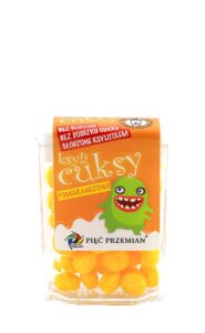 Pomarańczowe cuksy bezglutenowe, bez cukru, słodzone ksylitolem. Marka Pięć Przemian. Opakowanie z rysunkiem potworka.