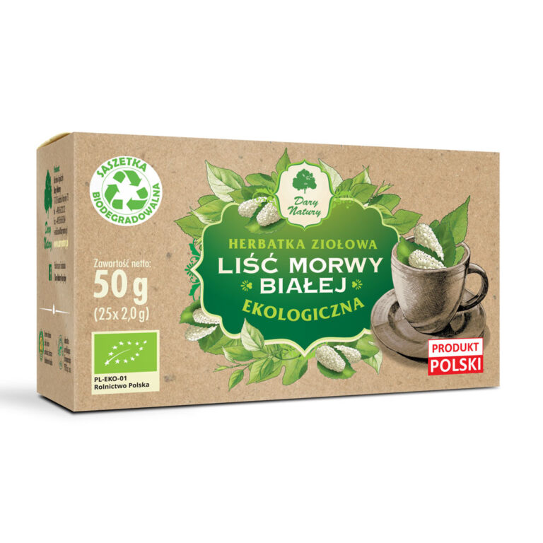 Opakowanie ekologicznej herbatki ziołowej z liści morwy białej 50 g, marki Dary Natury, produkt polski.