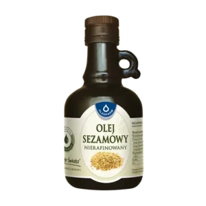 Butelka oleju sezamowego nierafinowanego Ol'Vita z brązowym korkiem i etykietą z przodu.