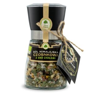 Młynek z solą himalajską czosnkową i ziołami, produkt firmy Dary Natury, z etykietą i zawieszką.