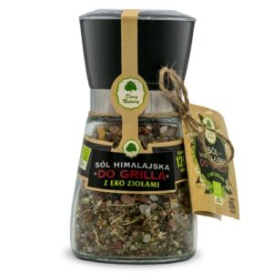Młynek z solą himalajską do grilla z eko ziołami Dary Natury, 120g, z etykietą i sznurkiem.