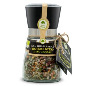 Młynek z solą himalajską i suszonymi ziołami marki Dary Natury, idealny do sałatek i dań eko.