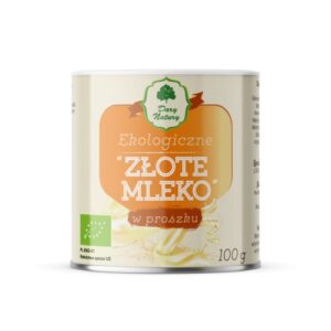 Puszka ekologicznego złotego mleka w proszku Dary Natury, 100g, z oznaczeniem certyfikatu ekologicznego.