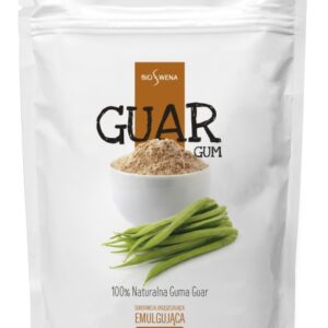 Opakowanie gumy guar BioSvena 200 g z ilustracją proszku i świeżych strąków. Emulgująca i naturalna.