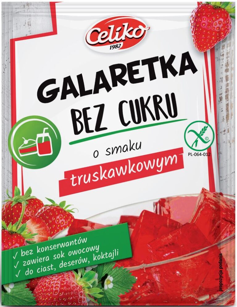 Opakowanie galaretki truskawkowej Celiko bez cukru, zawiera sok owocowy, idealna do deserów, ciast i koktajli.