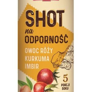 Butelka shotu na odporność z owocem róży, kurkumą i imbirem. Bez dodatku cukru.