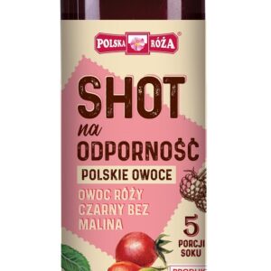 Butelka z sokiem Shot na odporność z owoców róży, czarnego bzu i malin, produkowana w Polsce.