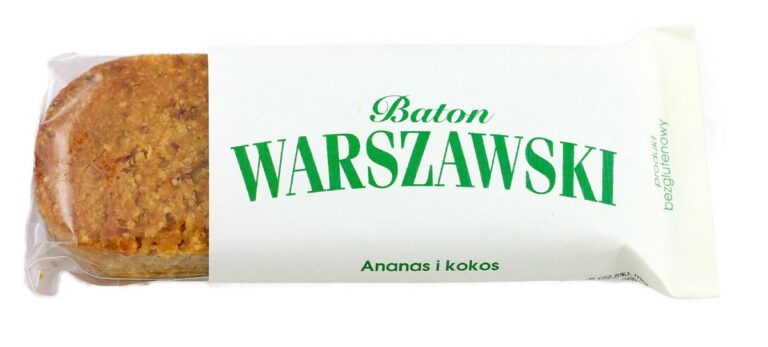 Baton Warszawski o smaku ananas i kokos, produkt bezglutenowy w białym opakowaniu.