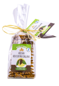Bezglutenowe bio ciastka jaglane z czekoladą Irenki w ozdobnym opakowaniu.