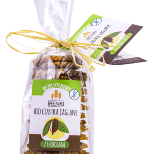 Bezglutenowe bio ciastka jaglane z czekoladą Irenki w ozdobnym opakowaniu.