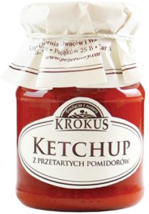 Słoik ketchupu Krokus z przetartych pomidorów, tradycyjny produkt w opakowaniu ze sklepu przetwory.pl.