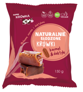 Opakowanie krówek karmelowo-daktylowych, naturalnie słodzonych, bez glutenu, bez oleju palmowego, wegańskie.